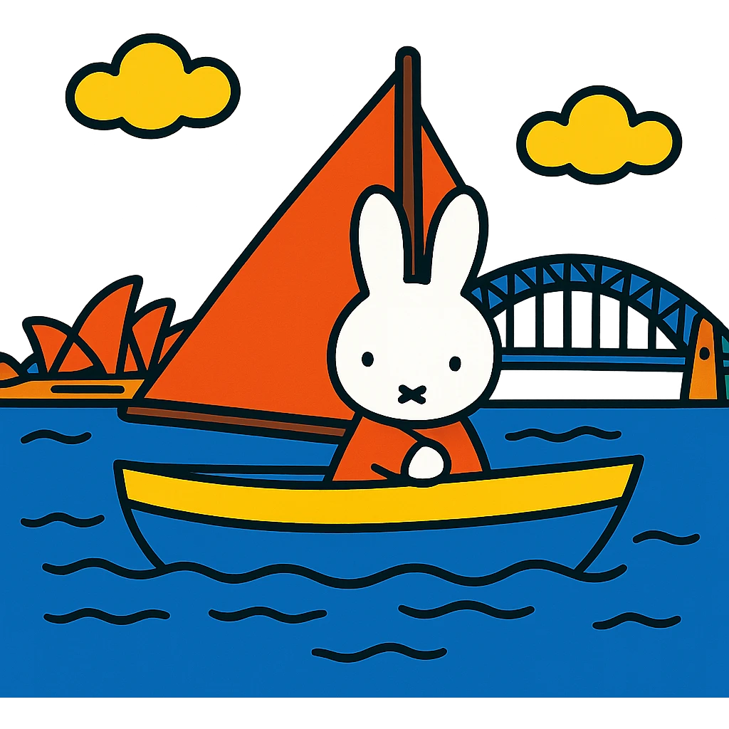 vibrant toon style Miffy in a boat on Sydney Harbour emoji