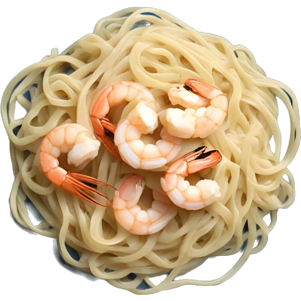 long thin linguine pasta noodles on a blue plate with white sauce and shrimp top down view emoji