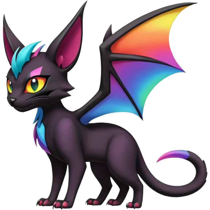 Obsidian-pitch-Black with rainbow-markings edgy Noivern-Noibat-Purloin-Torracat-Lykoi-Caracal-cat-Fakemon-fusion-hybrid-creature emoji