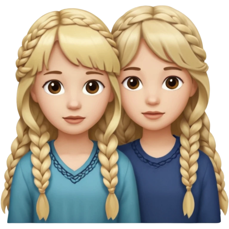 Sister with bangs and long wavy flowing blonde hair and her sister with long brown hair  braided to one side.  Close loving sisters💛 emoji