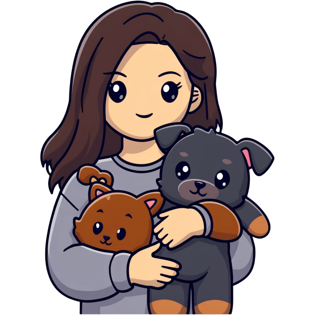 Kendall Jenner with long dark hair holding a brown teddy bear, a black schnauzer and a cow cat in her arms emoji