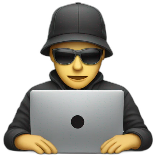 Hacker wearing a cap using laptop emoji