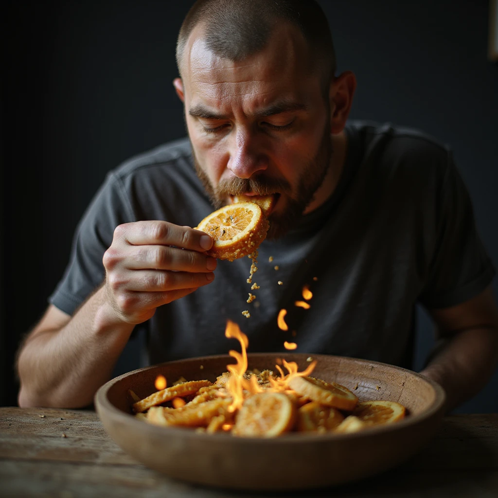 hyperrealistic 4K image of a man eating mindfully, each bite analyzed like a sacred ritual, food glowing with nutritional data such as protein fibers and vitamin trails, Zen aesthetics, reference image for facial features emoji