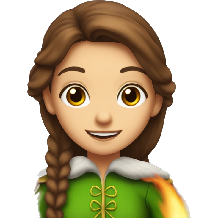 brunette haired girl with hazel eyes wearing elf costume on top of a fire jumping emoji