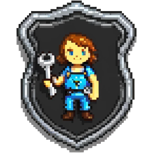 Shield-shaped badge with pixel art person holding car wrench key, colorful IT support design emoji