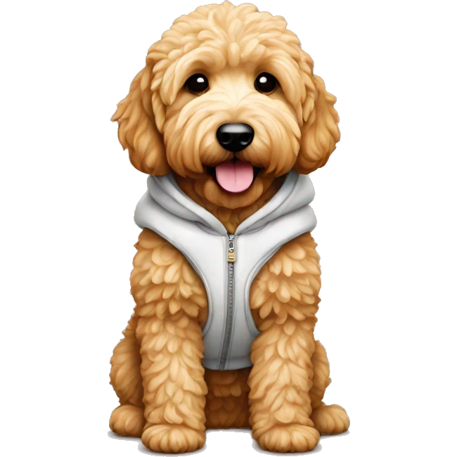 Golden doodle mini dog with a supreme hoodie emoji