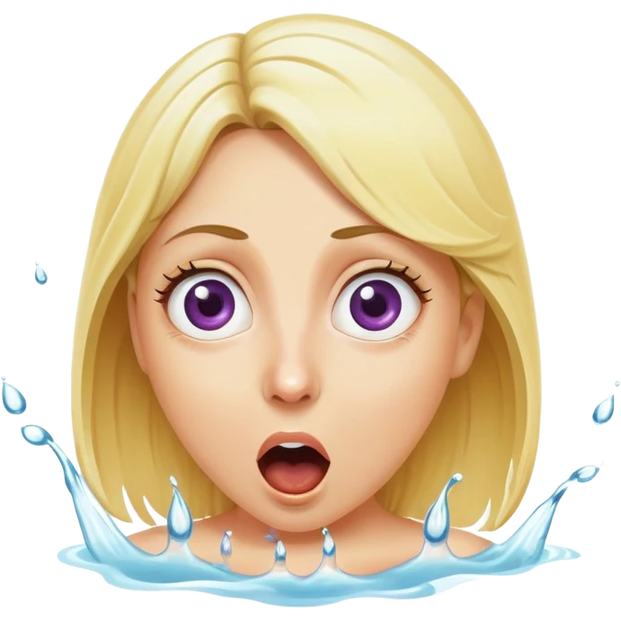 blond woman with wide eyes, eggplant squirting a visible stream of water from the tip, surprised face emoji