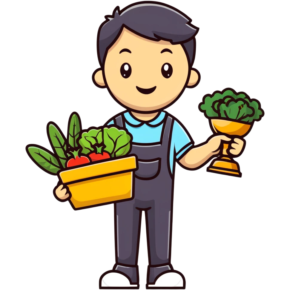 Happy gardener with trophy and prize vegetables emoji