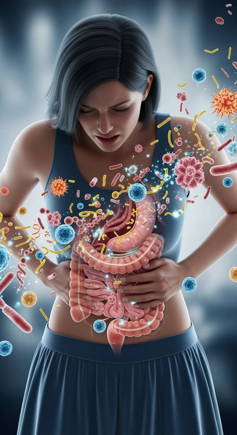 DONNA CON MAL DI PANCIA E INTESTINO UMANO ANATOMICO VISIBILE, BATTERI INTESTINALI FLUTTUANO INTORNO, IPERREALISTICO 4K emoji