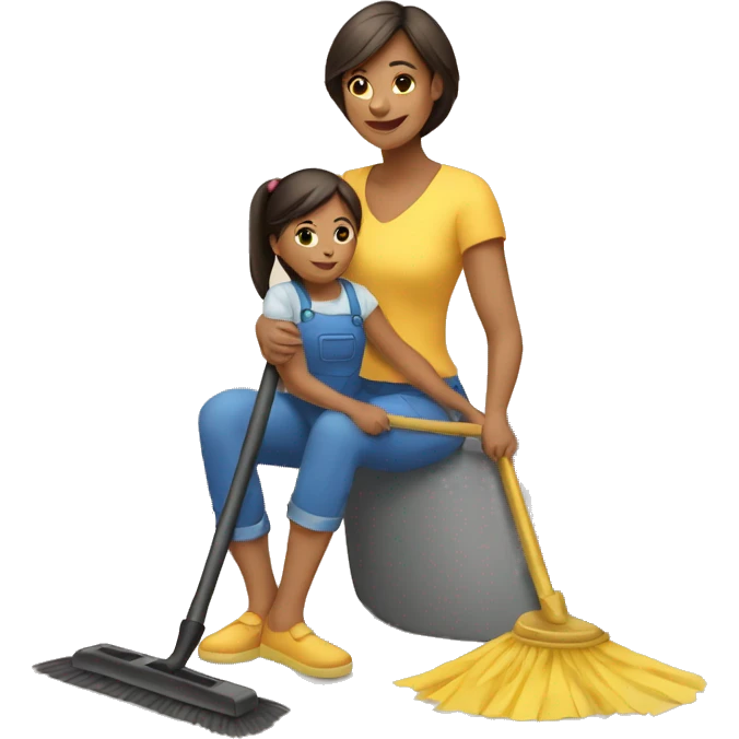 woman sweeping the house with daughter on her lap emoji