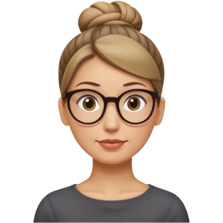 femme de 38 ans avec des cheveux tirés vers l'arrière blond foncé sans mèche devant, un chignon haut, yeux bruns, lunettes rondes, visage ovale emoji