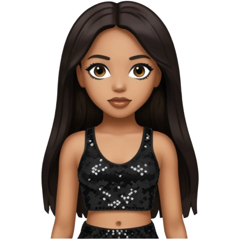 Aaliyah with long dark brown hair, black sequin crop top, black sequin pants emoji