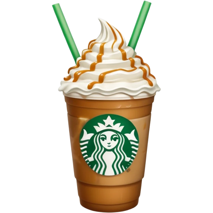 A 3D cartoon Starbucks Frappuccino cup with whipped cream and caramel drizzle, frosty texture, green straw, transparent cup with logo, soft cool lighting, Memoji-style. emoji