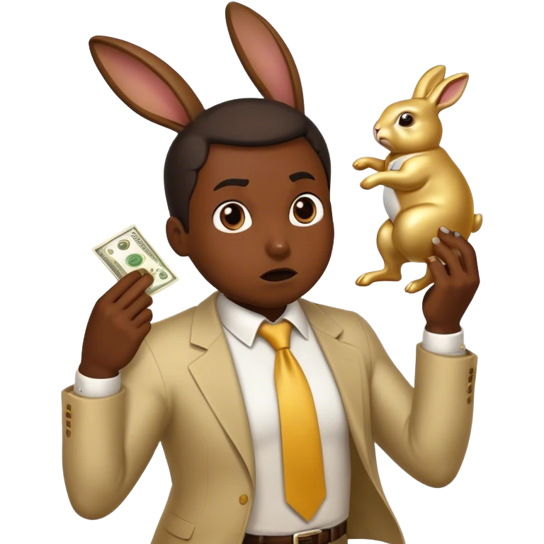 Create an emoji of a desperate entrepreneur sweating and chasing a golden rabbit holding a dollar bill. The rabbit is always slightly ahead, impossible to catch. The character looks frustrated, exhausted, and stuck in an endless race emoji