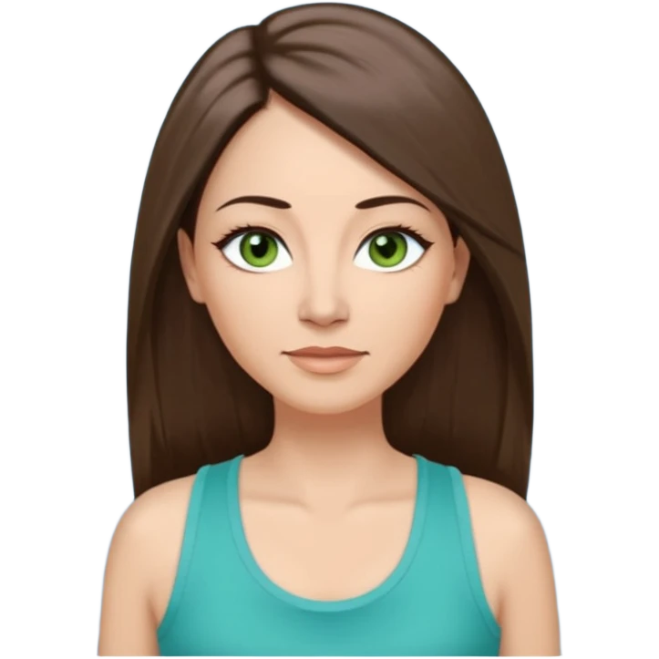 43 year old Adult woman avatar, light skin tone, long, oval face, long straight ashy brown hair, green almond-shaped eyes with dramatic eyelashes and minimal eyeliner, neutral mouth, medium straight eyebrows, small nose, smooth skin, sky blue tank top emoji