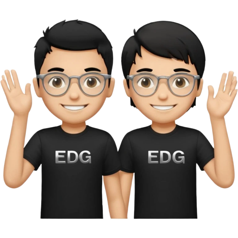 2 boys both wearing black t-shirts with the letters EDG, one wearing silver rectangular glasses, black hair, smiling; the other with black hair smiled brightly emoji