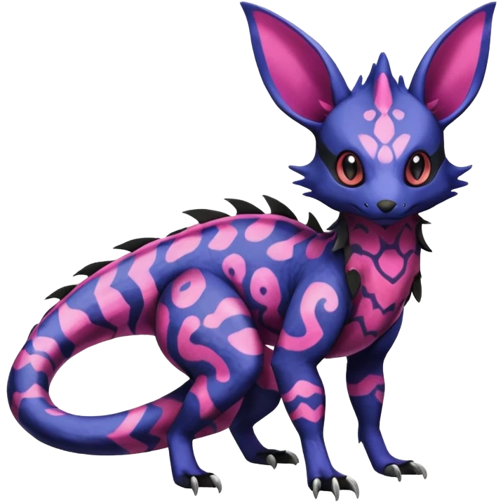 Rare epic aesthetic colorful Salandit-Noibat-Eevee-Genet-species-Fakemon-hybrid-creature, with markings, full body emoji