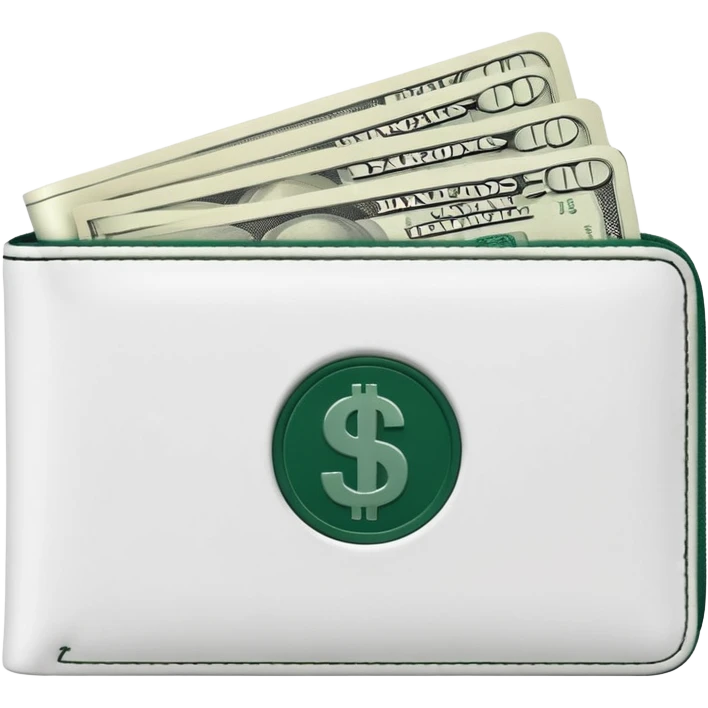 white men's wallet with dark green details, white banknotes with dark green elements sticking out, minimalism emoji