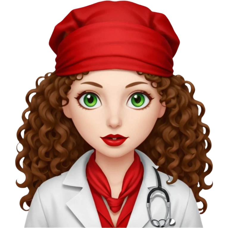 Spanish sexy evil woman. She has green eyes.  had brown long curly hair.  evil surgeon kills with needle wears red sexy doctor coat with red bandana on her mouth and nose to hide and wearing red gloves.  emoji