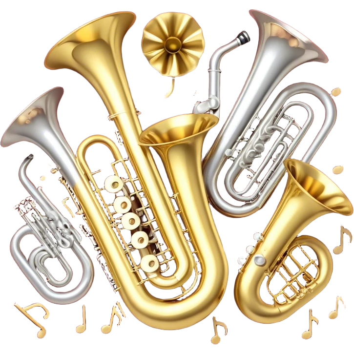 Create a festive and elegant emoji collage featuring a bouquet or fan of bells of wind instrument  (trumpets, saxophones, trombones, tubes, etc.) arranged in a radiant, symmetrical pattern. The instruments should have polished, golden and silver finishes, with their large, shiny bells forming a beautiful, fan-like display. Include a flowing ribbon of musical notes swirling through the center, conveying movement and melody. The background should feature a deep red velvet texture, adding a touch of luxury and sophistication. The overall composition should be balanced, with an elegant and regal feel, with a transparent background to keep focus on the instruments and musical elements. emoji