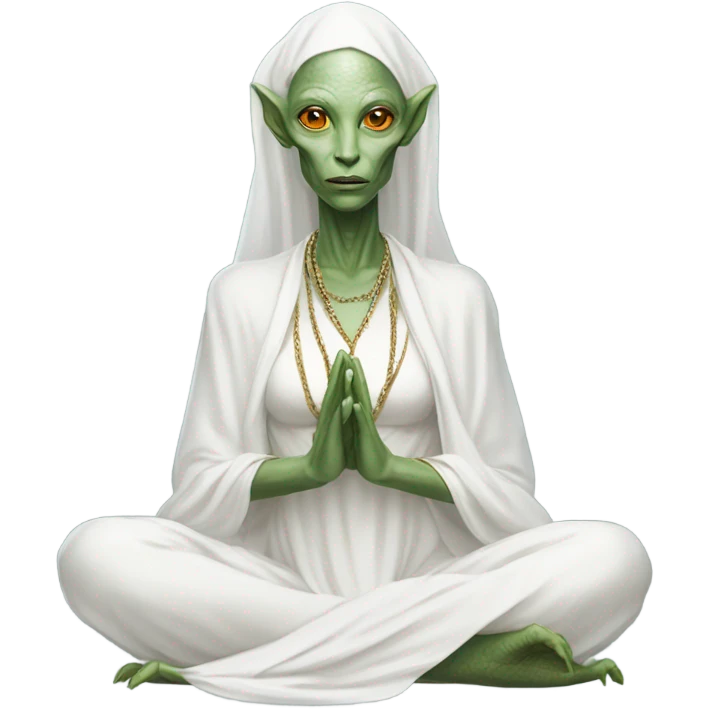 a Reptilian alien woman,in meditation, white dress like a priestess emoji