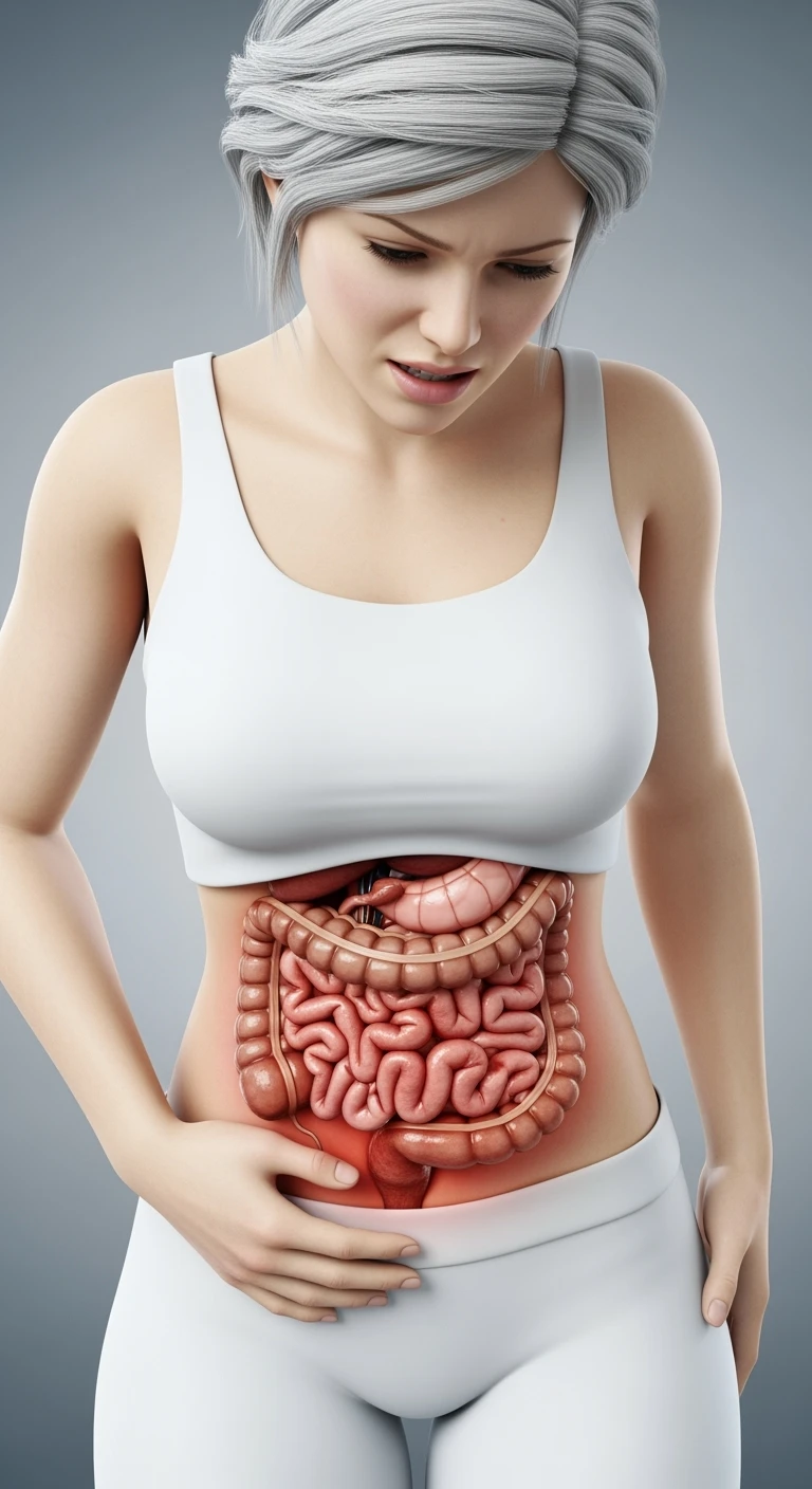 DONNA CON INTESTINO ANATOMICO REALISTICO e mal di pancia, intestino realistico in evidenza, IPERREALISTICO 4K emoji