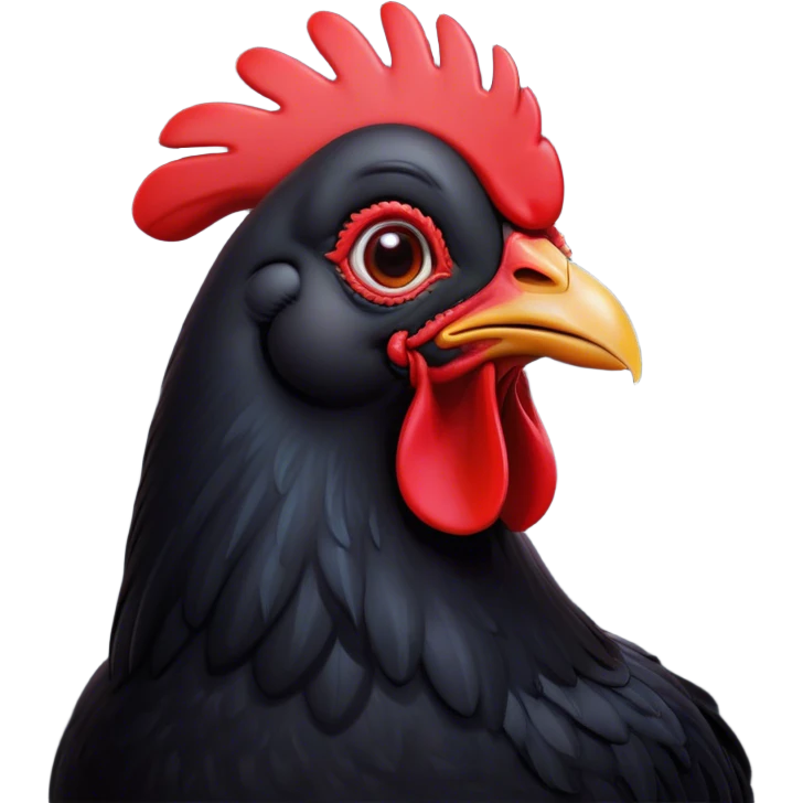 Cinematic Comical Black Chicken Portrait Emoji, Head tilted dramatically with an exaggeratedly amused expression, featuring a sleek, glossy black plumage with a bold red comb, wide, expressive beady eyes filled with playful disbelief, Simplified yet hilariously expressive features, highly detailed, glowing with a slightly sassy glow, high shine, dramatic yet playful, stylized with an air of cheeky mischief, bright and endearing, soft glowing outline, capturing the essence of a spirited and over-the-top chicken, so meme-worthy it feels like it could cluck its way into internet fame instantly! emoji