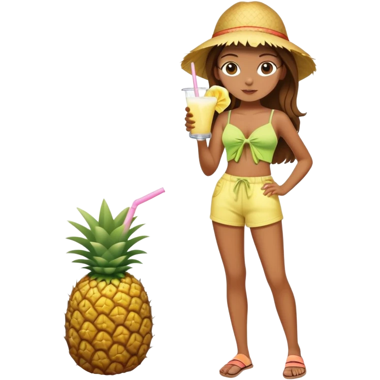 Full body of a very tan skinned girl with brown hair wearing a summer outfit sipping a piña colada emoji