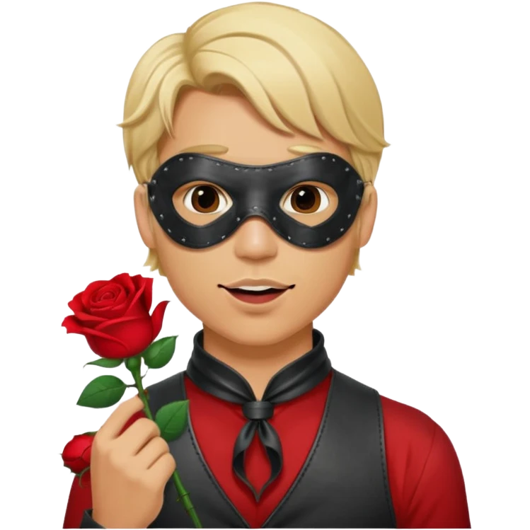 blonde man with leather eye mask and leather halter neck blouse, holding rose with his mouth emoji