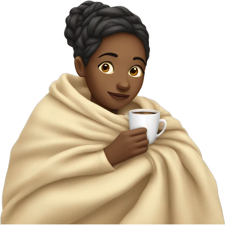 Woman hugging the blanket and drinking coffee emoji