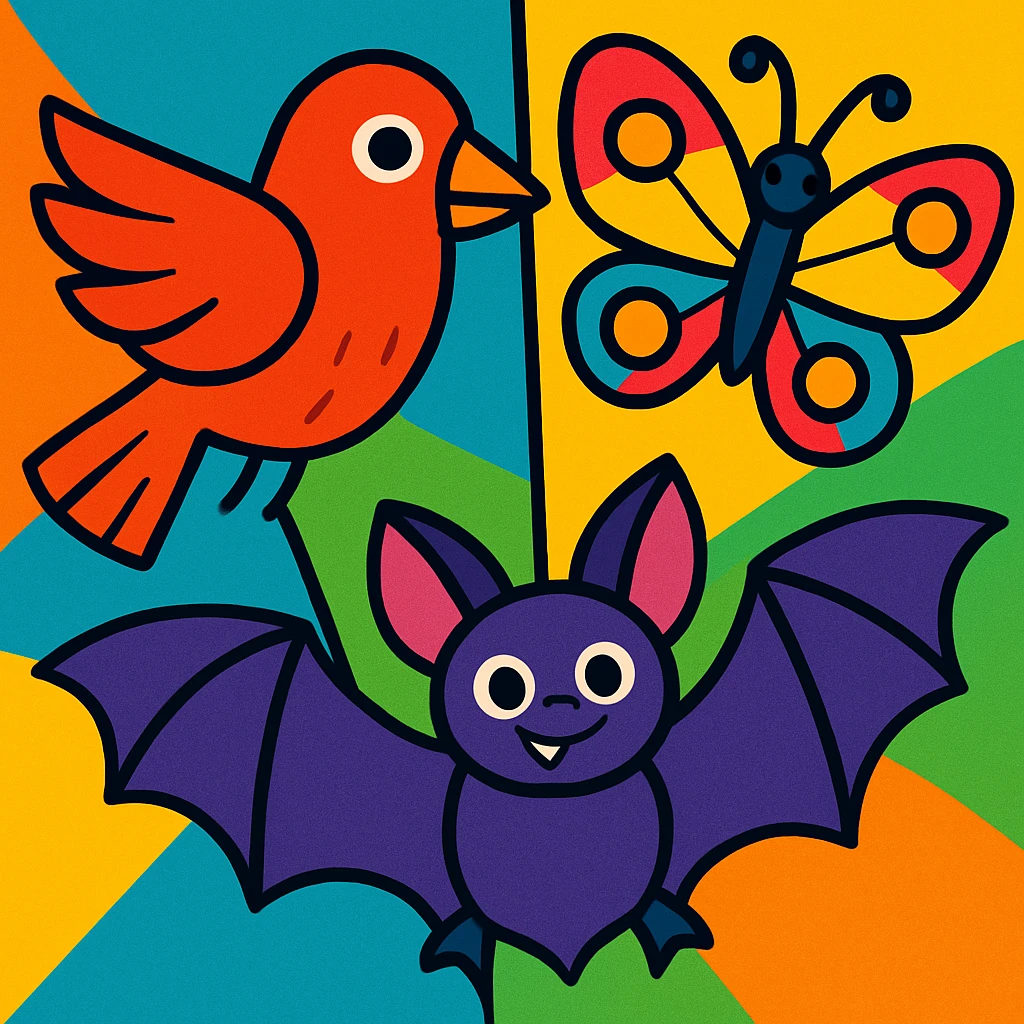 a group of animals with wings including a bird, a butterfly, and a bat in vibrant toon style emoji