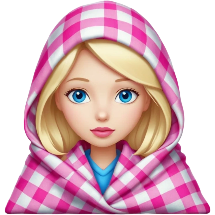 A beautiful blonde girl , blue eyes, pink lips is wrapped in a plaid with her head emoji