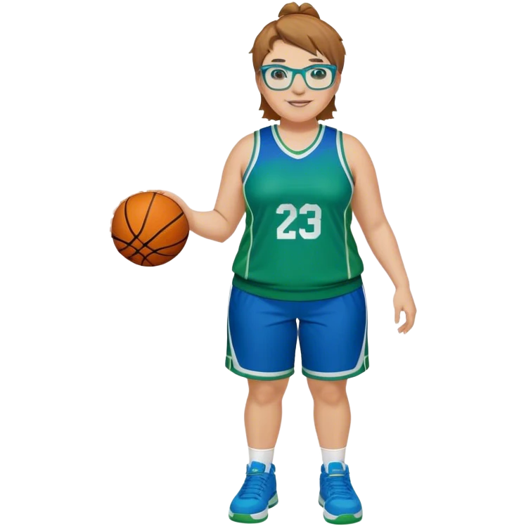 Full Body plus size white female basketball player with short light brown hair with carmel highlights spike hair wearing blue glasses  wearing blue green uniform  green sneakers smiling  emoji