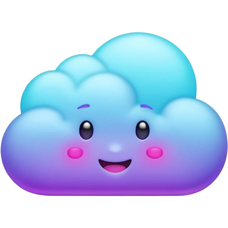 Small cloud with multiple emoji-style expressions (happy, sleepy, mischievous), glowing purple/cyan neon, playful aesthetic. emoji