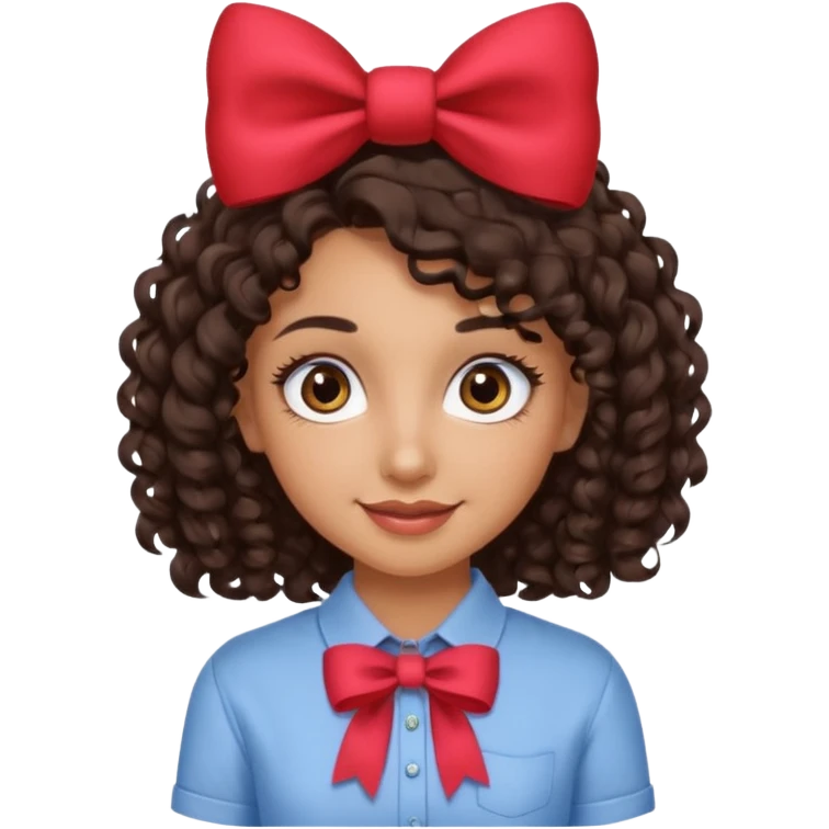 Do a Curly haired girl with dark brown hair, brown eyes, medium tan skin, big eyes and big lashes, with thin lips and add a shirt with a bow emoji