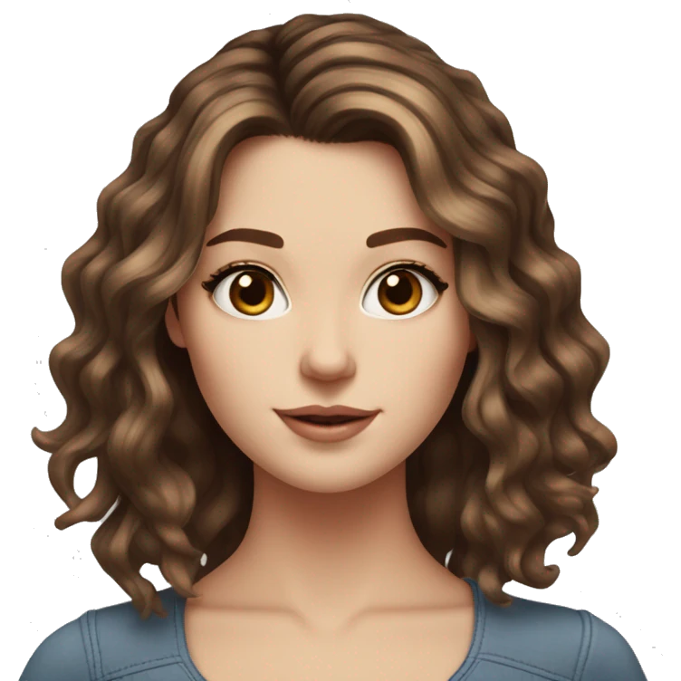 White girl blue eyes with medium length voluminous brown hair with brown highlights balayage  emoji