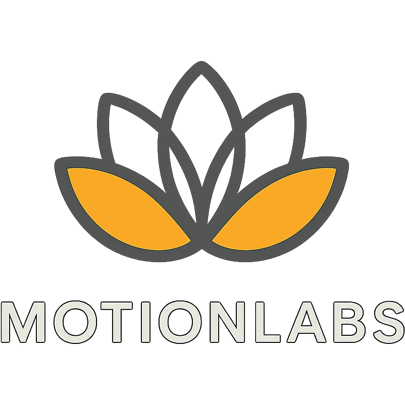 ultra luxury logo for MotionLabs with a stylized lotus icon, colors #ffa31a, #808080, #292929, #1b1b1b, #ffffff, dark background emoji
