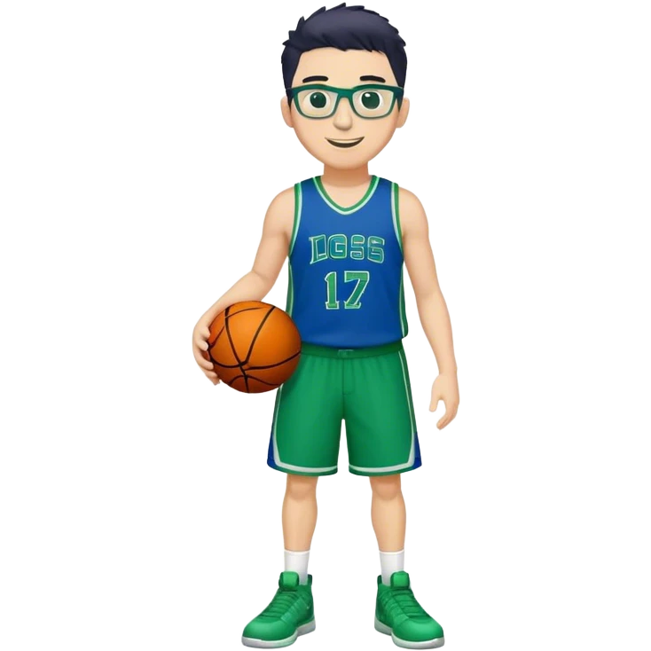 Full Body heavy white male with dark short spike hair basketball player wearing glasses wearing blue green uniform smiling emoji