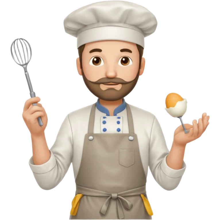 Middle aged male pastry chef - with a small beard, apron, white hat, holding an egg beater in his right hand, and his left hand naturally hanging down to his side emoji