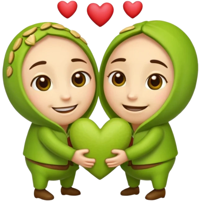 animated pistachio and pistachia holding hands, surrounded by hearts, iOS emoji style emoji