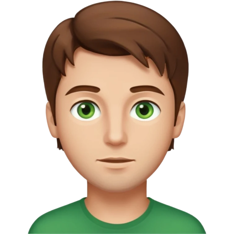 young man with brown hair that goes really high up, green eyes wide open emoji
