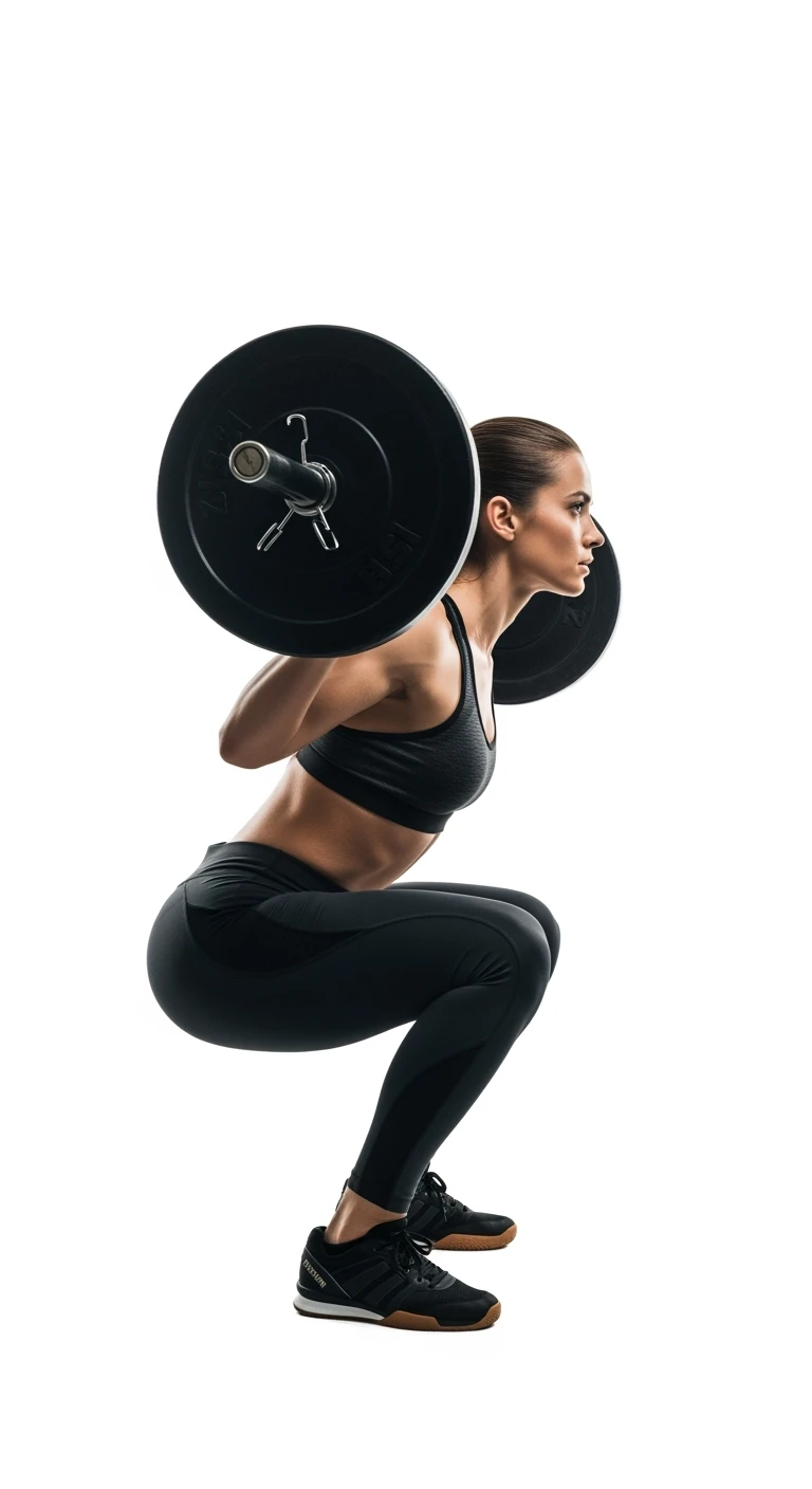 donna fitness di profilo che fa uno squat con bilanciere, iperrealistica 4k, sfondo bianco emoji