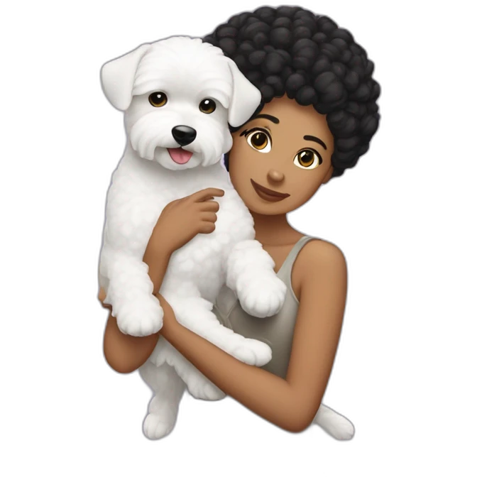 mujer con peinado de chongo negro con perro bichon blanco emoji