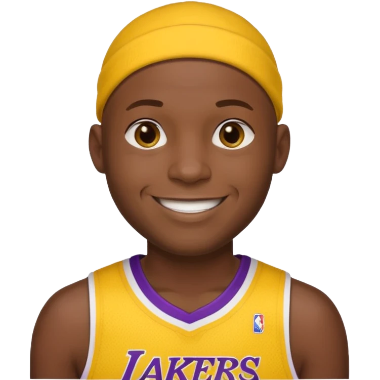 ["Very dark skin male, shaved head, wearing a yellow Lakers jersey."] emoji