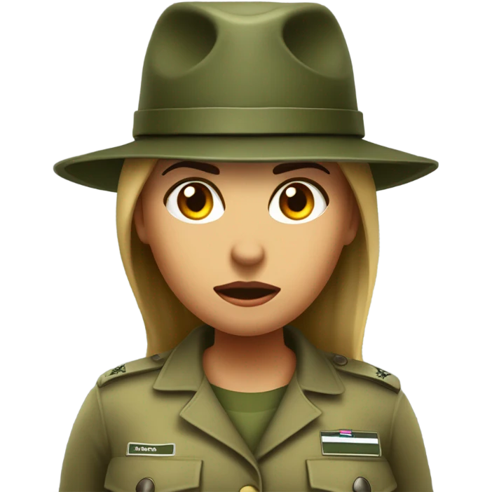 a female drill sergeant character wearing a classic sergeant hat and a camouflage army shirt. The character should have an angry intense expression. full torso emoji