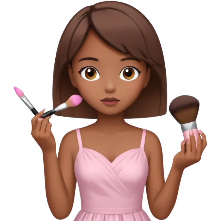 girl with brown hime cut hair, wearing light pink dress, doing makeup emoji