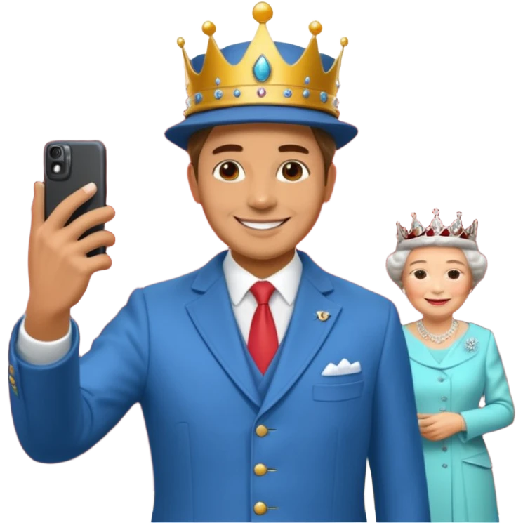 A person/a man who's taking a selfie in a room with the wax figures of the queen elizabeth the II emoji