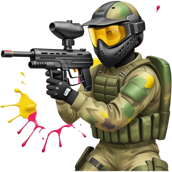 A paintball player in full gear, aiming a paintball gun with focus and determination. The scene includes vibrant splashes of paint and a dynamic battlefield setting, emphasizing action, strategy, and teamwork in a competitive environment emoji
