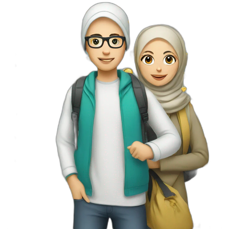 young white man with glasses and woman with hijab, both with backpack for holiday trip emoji