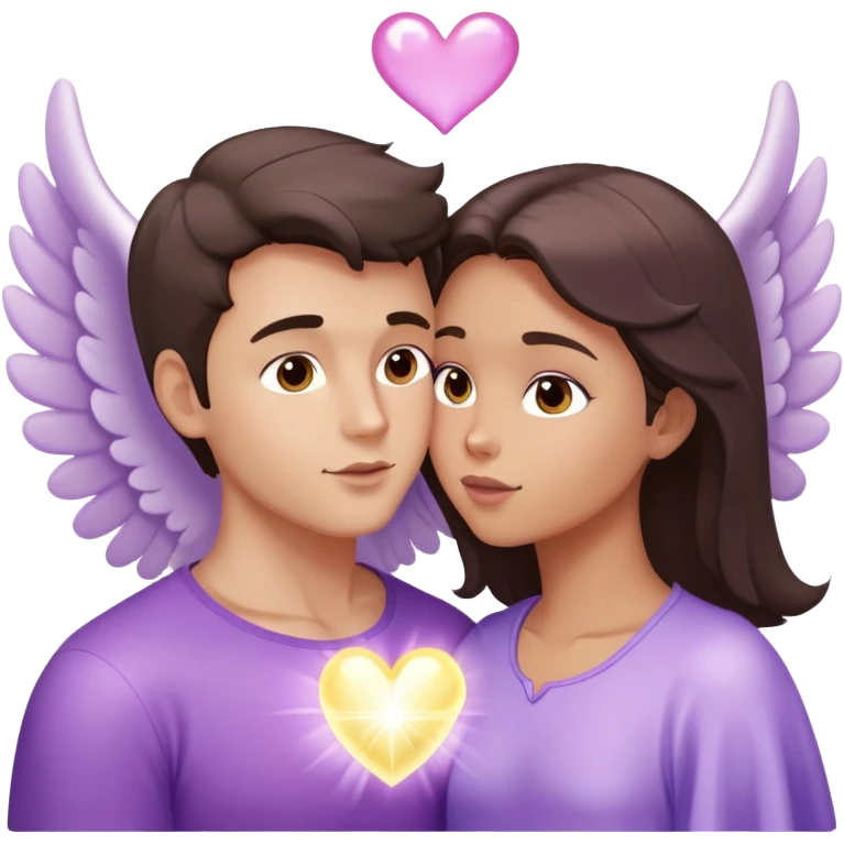 White brunette man human with rays of light Heart kisses a pastel purple angel woman emoji